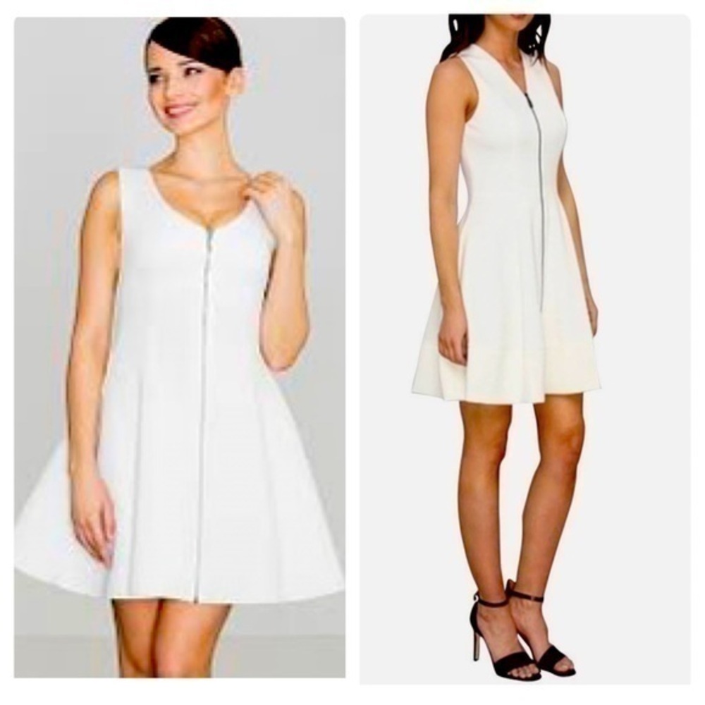 Vince Camuto Pure White Full Zip front v neck scuba skater fit and flare dress 4